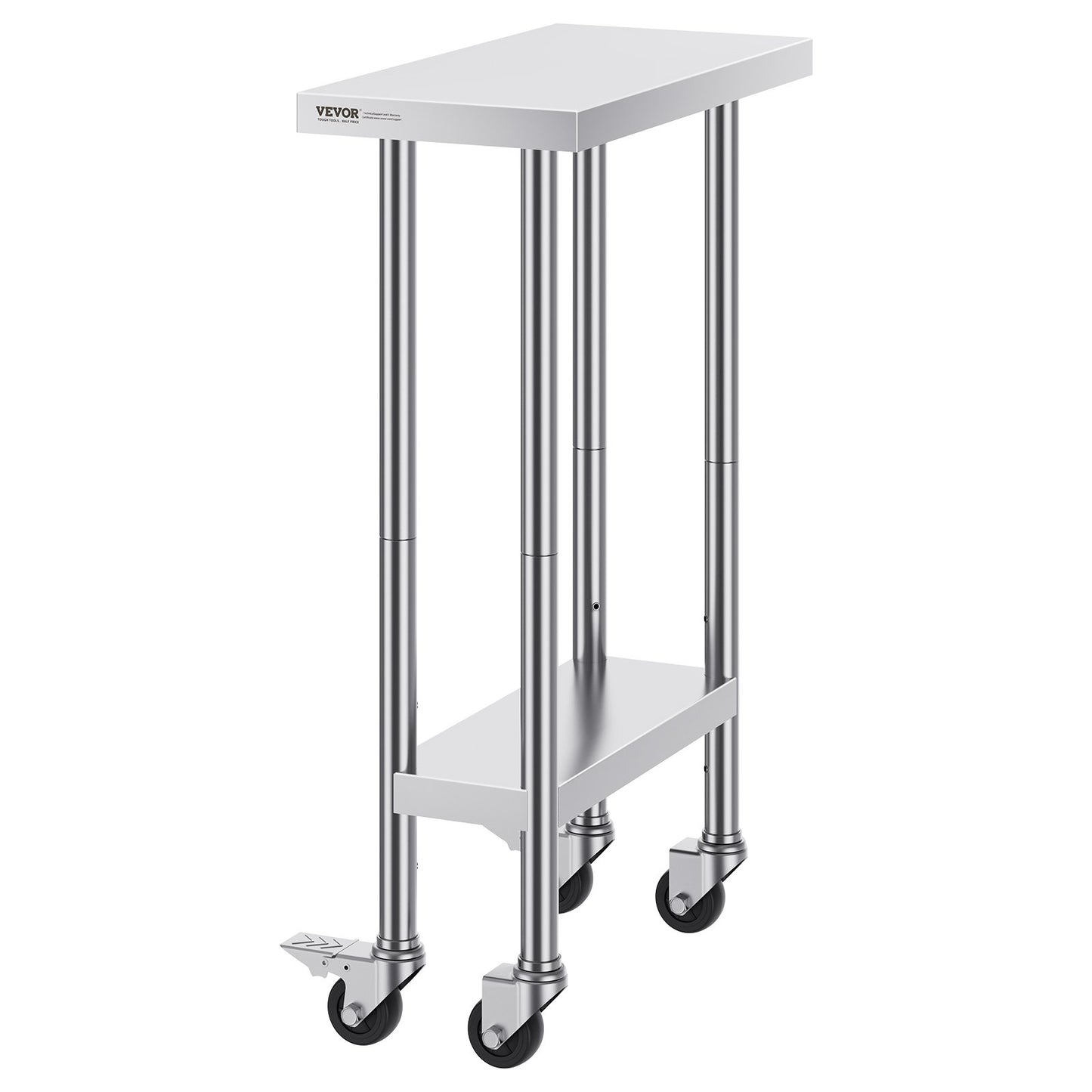 Stainless Steel Work Table 24 x 12 x 38 Inch, with 4 Wheels, 3 Adjustable Height Levels, Heavy Duty Food Prep Worktable for Commercial Kitchen Restaurant, Silver