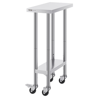 Stainless Steel Work Table 24 x 12 x 38 Inch, with 4 Wheels, 3 Adjustable Height Levels, Heavy Duty Food Prep Worktable for Commercial Kitchen Restaurant, Silver