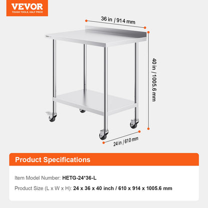 24 x 36 x 40 Inch Stainless Steel Work Table, Commercial Food Prep Worktable with Casters, Heavy Duty Prep Worktable, Metal Work Table with Adjustable Height for Restaurant, Home and Hotel