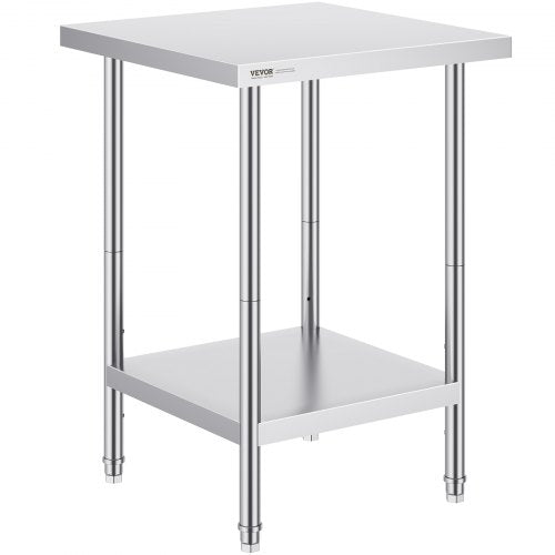 Stainless Steel Prep Table, 24 x 24 x 34 Inch, Heavy Duty Metal Worktable with 3 Adjustable Height Levels, Commercial Workstation for Kitchen Garage Restaurant Backyard