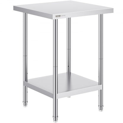 Stainless Steel Prep Table, 24 x 24 x 34 Inch, Heavy Duty Metal Worktable with 3 Adjustable Height Levels, Commercial Workstation for Kitchen Garage Restaurant Backyard