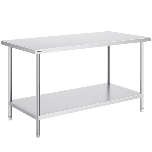 Stainless Steel Prep Table, 30 x 60 x 34 Inch, Heavy Duty Metal Worktable with 3 Adjustable Height Levels, Commercial Workstation for Kitchen Garage Restaurant Backyard