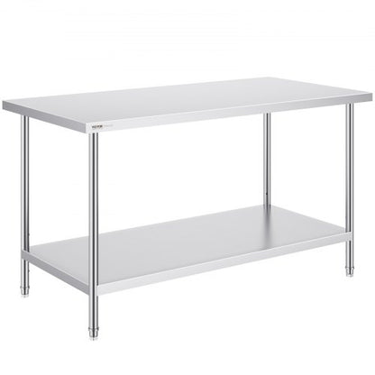 Stainless Steel Prep Table, 30 x 60 x 34 Inch, Heavy Duty Metal Worktable with 3 Adjustable Height Levels, Commercial Workstation for Kitchen Garage Restaurant Backyard