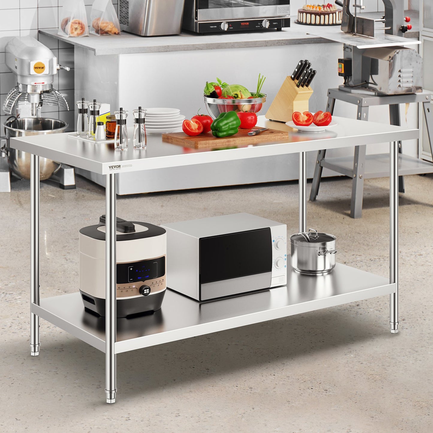 Stainless Steel Prep Table, 30 x 60 x 34 Inch, Heavy Duty Metal Worktable with 3 Adjustable Height Levels, Commercial Workstation for Kitchen Garage Restaurant Backyard