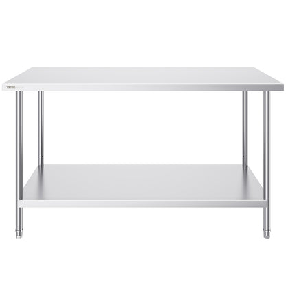 Stainless Steel Prep Table, 30 x 60 x 34 Inch, Heavy Duty Metal Worktable with 3 Adjustable Height Levels, Commercial Workstation for Kitchen Garage Restaurant Backyard