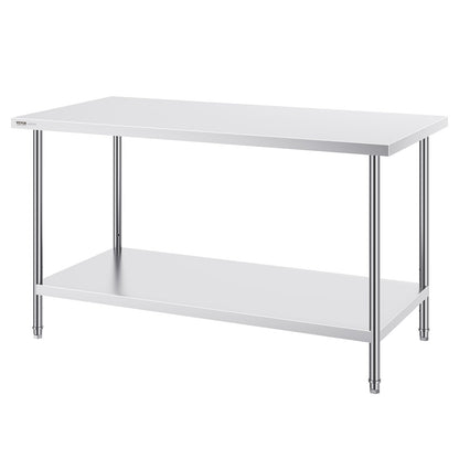 Stainless Steel Prep Table, 30 x 60 x 34 Inch, Heavy Duty Metal Worktable with 3 Adjustable Height Levels, Commercial Workstation for Kitchen Garage Restaurant Backyard