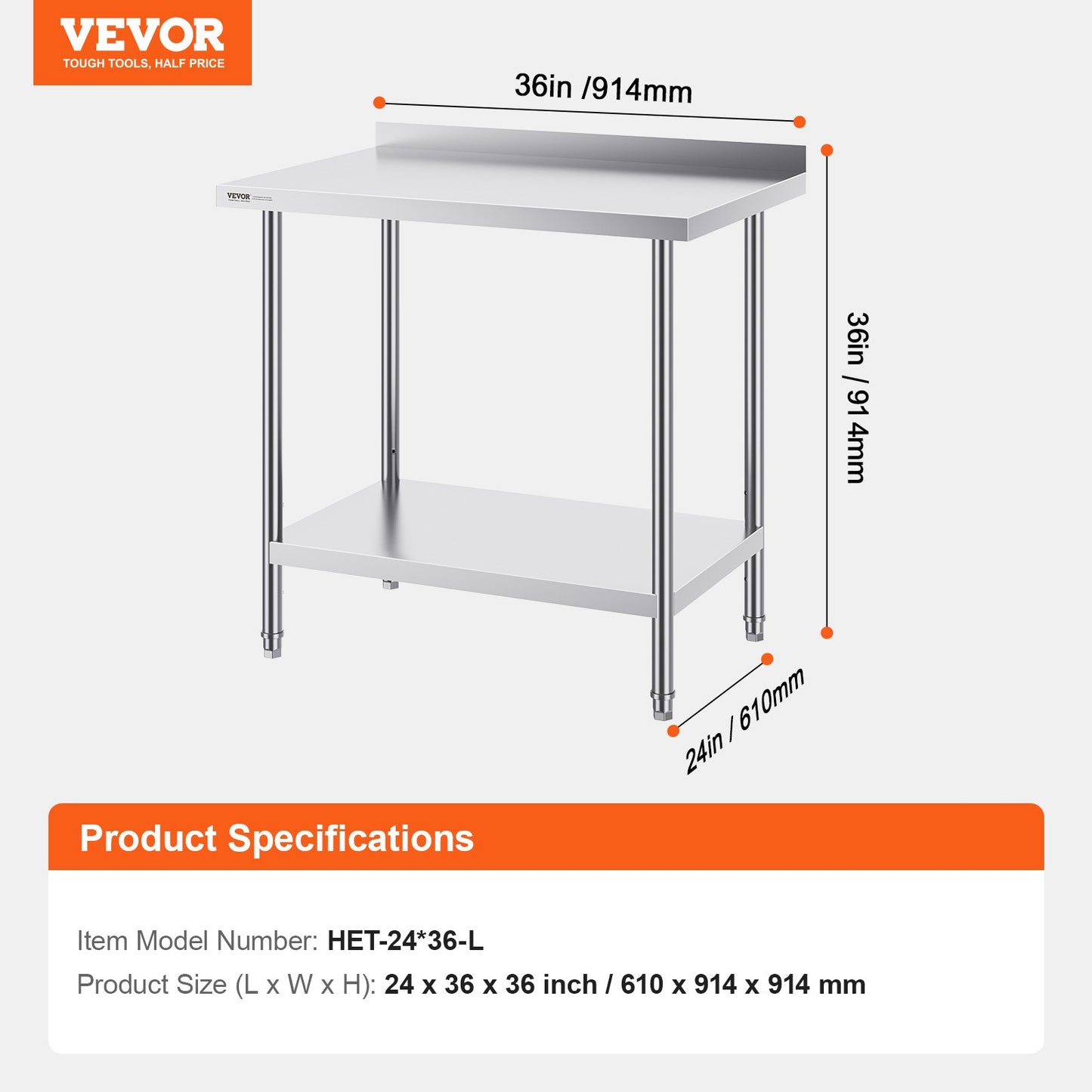 24 x 36 x 36 Inch Stainless Steel Work Table, Commercial Food Prep Worktable Heavy Duty Prep Worktable, Metal Work Table with Adjustable Height for Restaurant, Home and Hotel