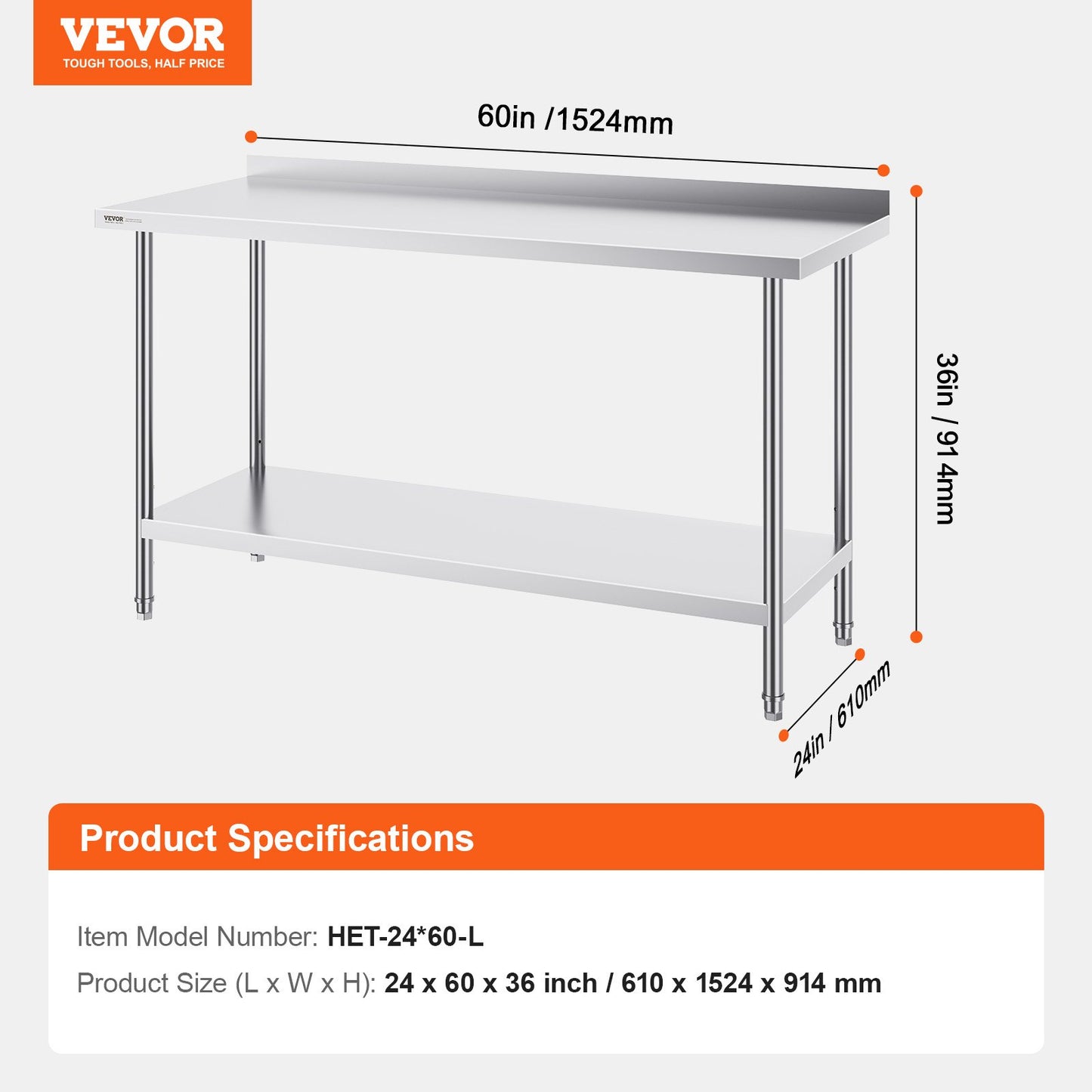 24 x 60 x 36 Inch Stainless Steel Work Table, Commercial Food Prep Worktable Heavy Duty Prep Worktable, Metal Work Table with Adjustable Height for Restaurant, Home and Hotel
