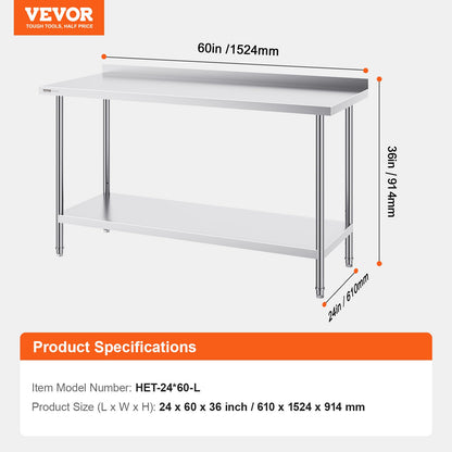24 x 60 x 36 Inch Stainless Steel Work Table, Commercial Food Prep Worktable Heavy Duty Prep Worktable, Metal Work Table with Adjustable Height for Restaurant, Home and Hotel