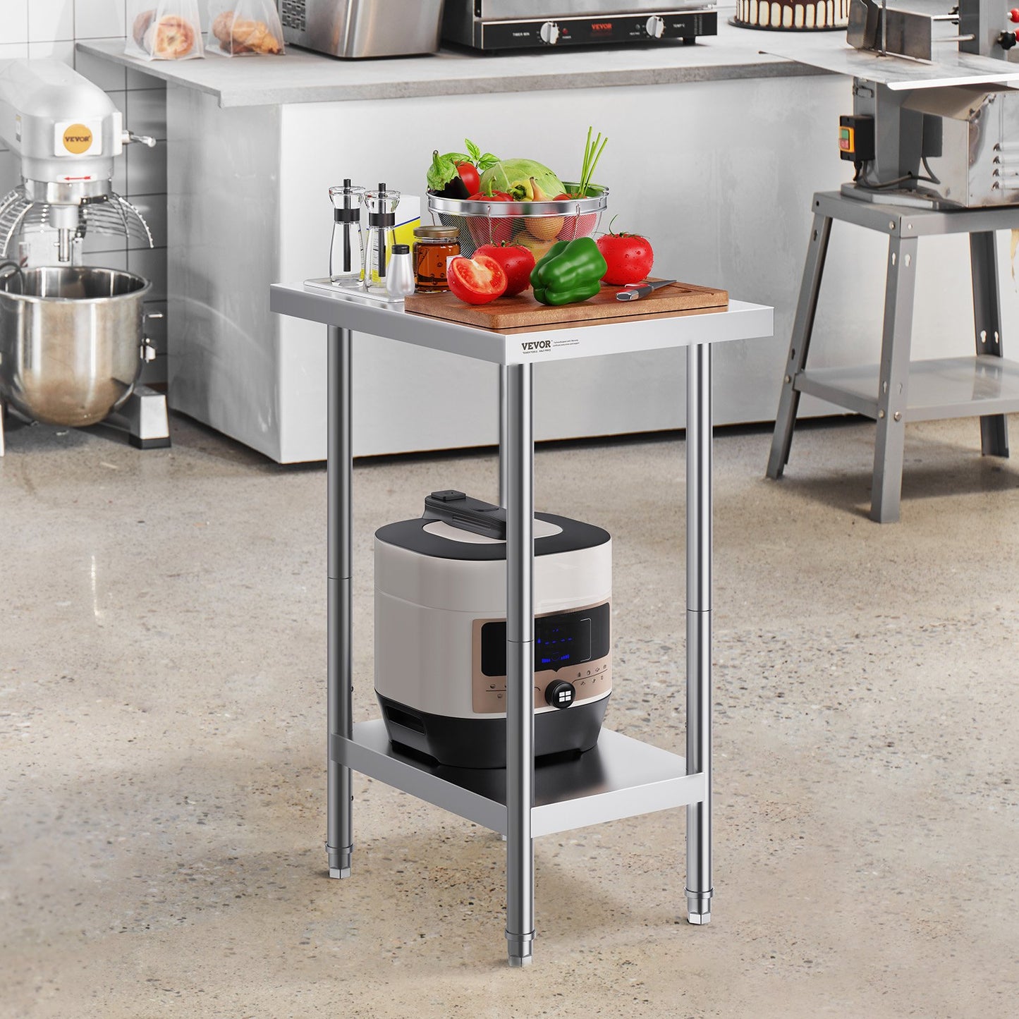 Stainless Steel Prep Table, 24 x 18 x 34 Inch, Heavy Duty Metal Worktable with 3 Adjustable Height Levels, Commercial Workstation for Kitchen Garage Restaurant Backyard