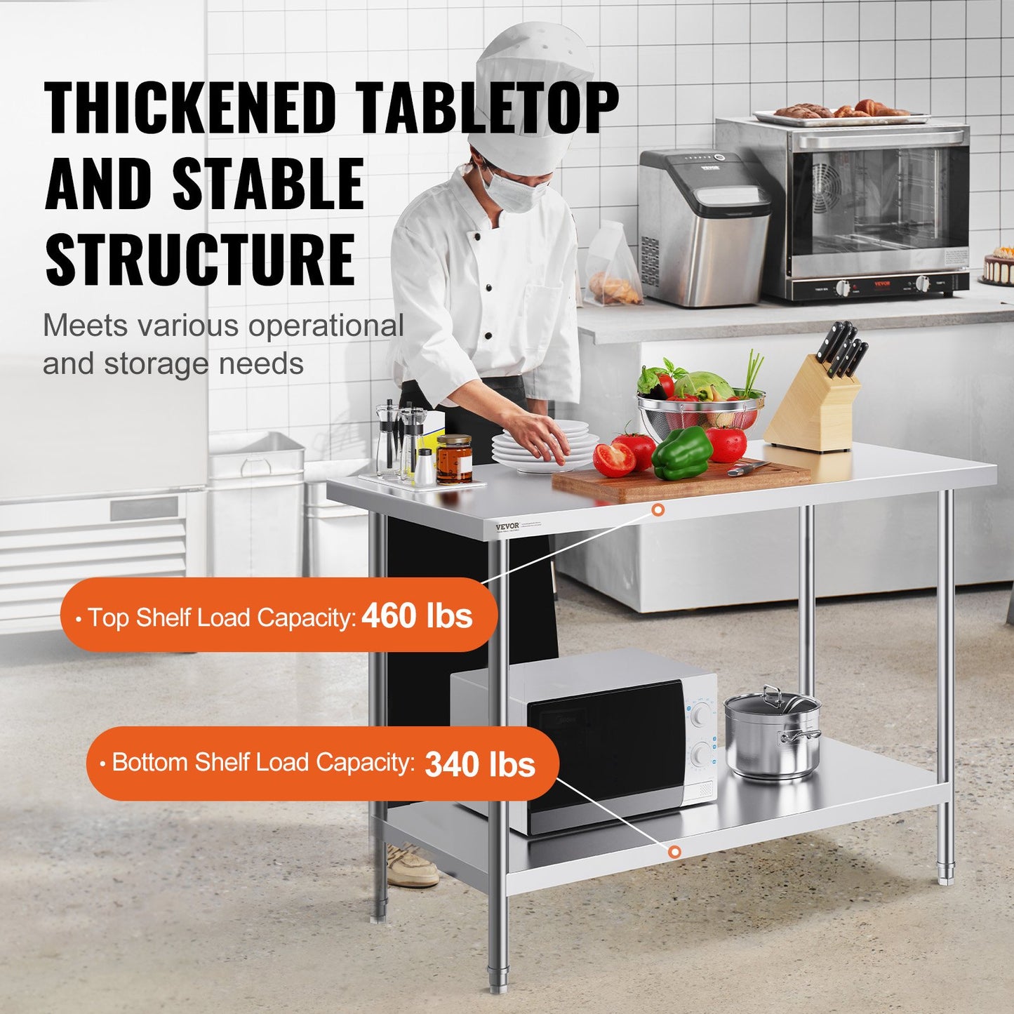 Stainless Steel Work Prep Table Commercial Worktable Food Prep 61x122x86 cm