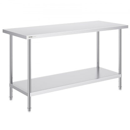 Stainless Steel Prep Table, 24 x 60 x 34 Inch, Heavy Duty Metal Worktable with 3 Adjustable Height Levels, Commercial Workstation for Kitchen Garage Restaurant Backyard