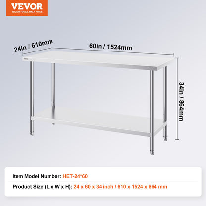 Stainless Steel Prep Table, 24 x 60 x 34 Inch, Heavy Duty Metal Worktable with 3 Adjustable Height Levels, Commercial Workstation for Kitchen Garage Restaurant Backyard