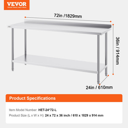 24 x 72 x 36 Inch Stainless Steel Work Table, Commercial Food Prep Worktable Heavy Duty Prep Worktable, Metal Work Table with Adjustable Height for Restaurant, Home and Hotel