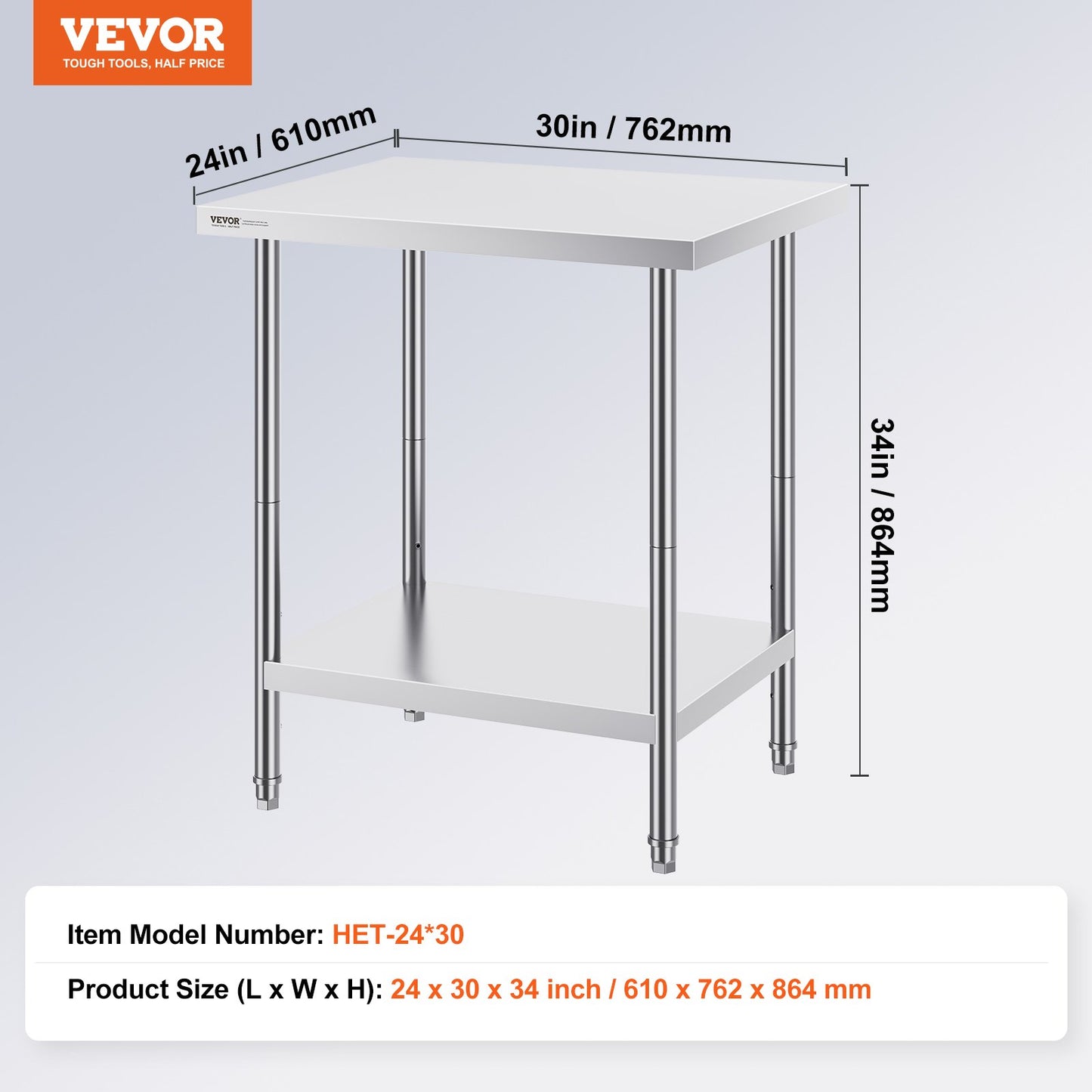 Stainless Steel Prep Table, 24 x 30 x 34 Inch, Heavy Duty Metal Worktable with 3 Adjustable Height Levels, Commercial Workstation for Kitchen Garage Restaurant Backyard
