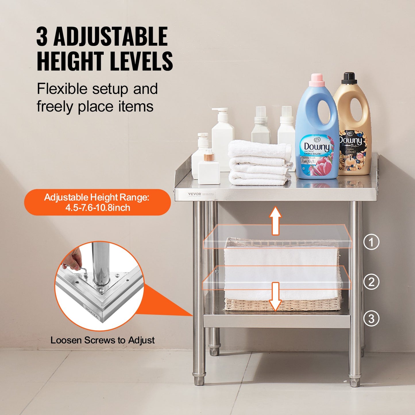 Stainless Steel Work Table, 24 x 24 x 26 Inch Commercial Food Prep Worktable, 3-Sided Backsplash Heavy Duty Prep Worktable, Metal Work Table with Adjustable Height for Restaurant Home Hotel