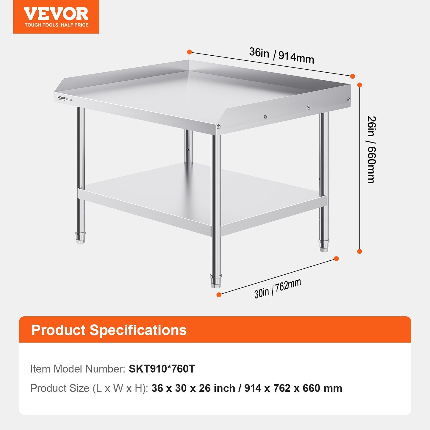 Stainless Steel Work Table, 30 x 36 x 26 Inch Commercial Food Prep Worktable, 3-Sided Backsplash Heavy Duty Prep Worktable, Metal Work Table with Adjustable Height for Restaurant Home Hotel