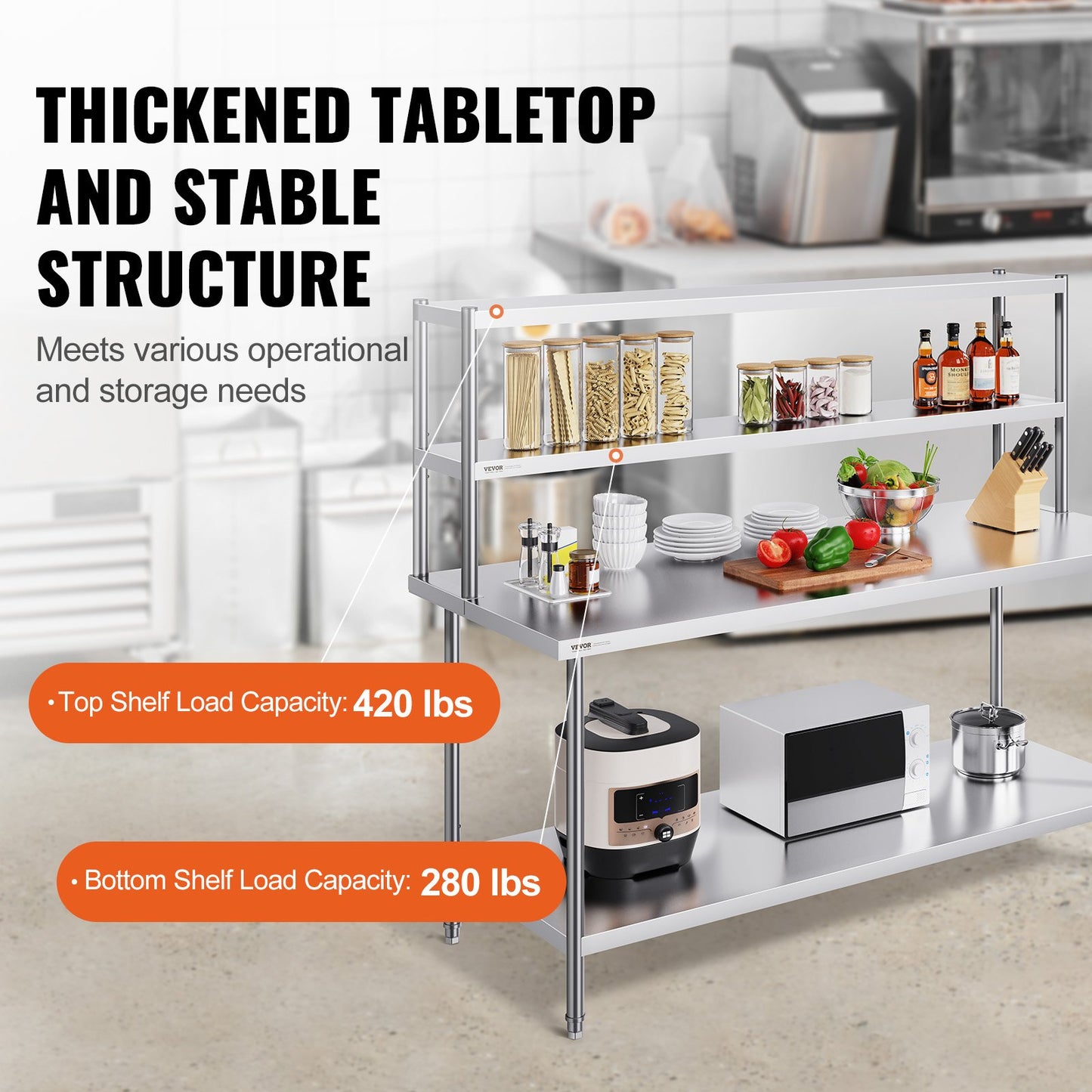 Double Overshelf, Double Tier Stainless Steel Overshelf, 12 x 72 Inch Double Deck Overshelf, Height Adjustable Overshelf Prep Work Table for Kitchen, Restaurant and Workshop