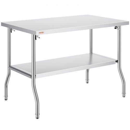 Commercial Worktable Workstation 48x30 Inch Folding Commercial Prep Table, Double-Shelf Stainless Steel Folding Table, Kitchen Work Table with 772 lbs Load Silver Stainless Steel Kitchen Island