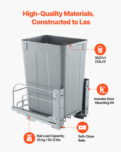 Ausziehbarer Abfalleimer für Küchenschränke, Müll- und Recyclingbehälter, Unterbau-Abfallbehälter mit robustem Metall-Schiebemechanismus mit Soft-Close-Funktion und Türset, für Spüle, unter der Arbeitsplatte