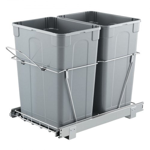 Pullout Trash Can for Kitchen Cabinets, Double Under Sink Garbage Waste Recycling Bin, Under Mount Waste Container, with Heavy Duty Metal Full Extension Sliding System and Handle