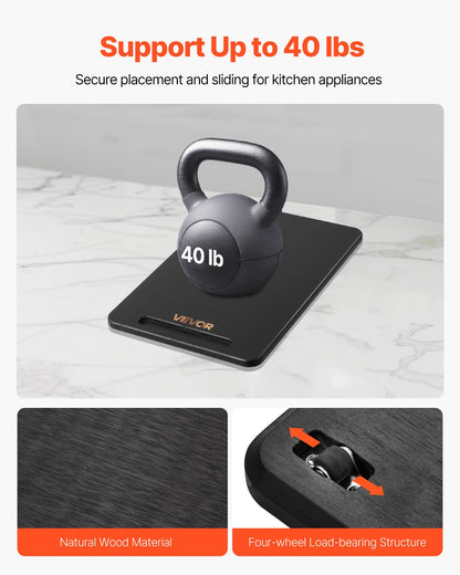 Appliance Slider, Small 14 x 9.5-inch, Rolling Sliding Tray with Silent Rubber Wheels & Hollow Handle, Easy to Clean, Appliance Rolling Tray for Coffee Maker, Kitchen Countertop, Black