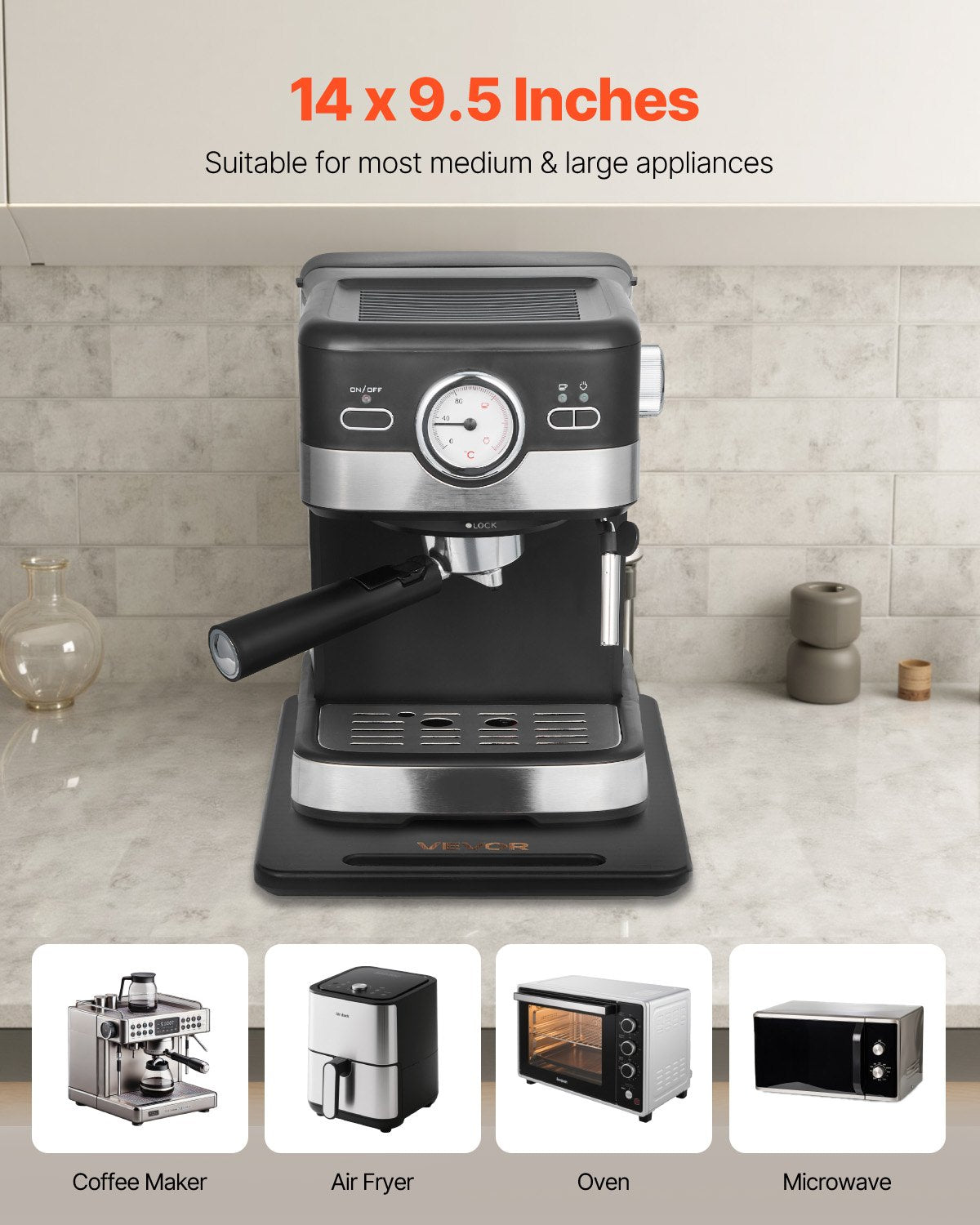 Appliance Slider, Small 14 x 9.5-inch, Rolling Sliding Tray with Silent Rubber Wheels & Hollow Handle, Easy to Clean, Appliance Rolling Tray for Coffee Maker, Kitchen Countertop, Black