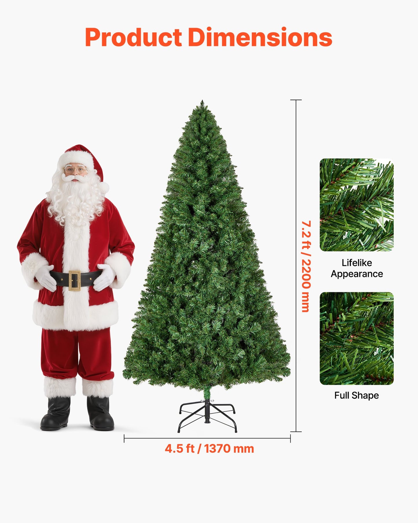 Christmas Tree, 2.2m Artificial Xmas Tree, Full Holiday Decor Trees with 1346 Branch Tips & Sturdy Metal Base for Home Party Office Decoration