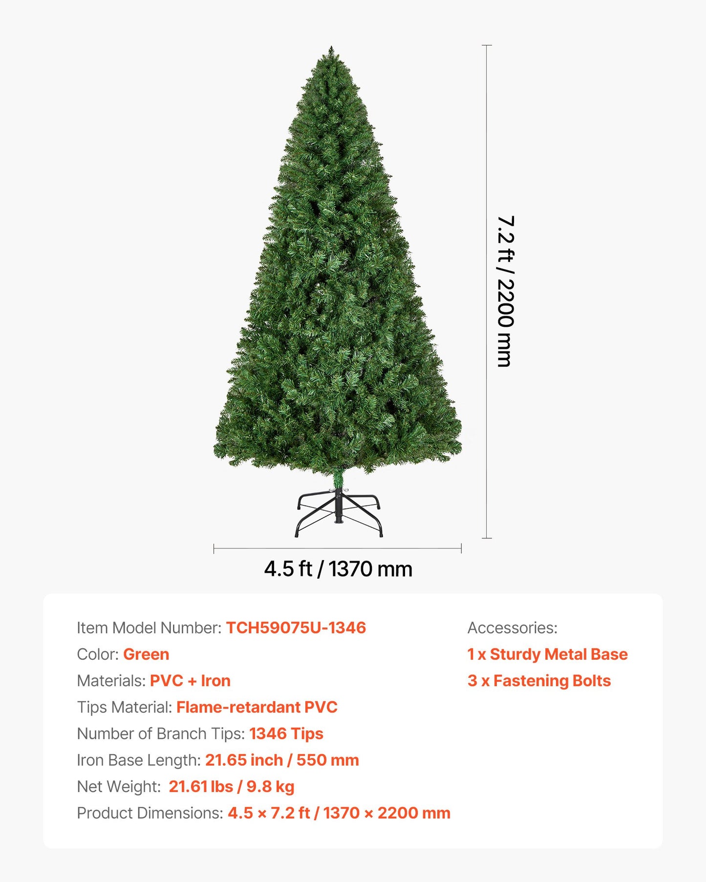 Christmas Tree, 2.2m Artificial Xmas Tree, Full Holiday Decor Trees with 1346 Branch Tips & Sturdy Metal Base for Home Party Office Decoration