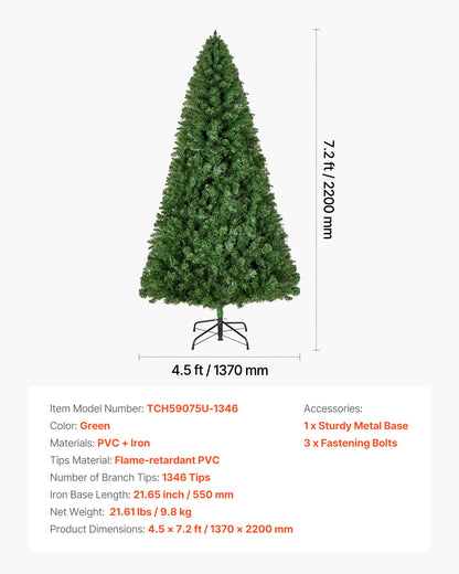 Christmas Tree, 2.2m Artificial Xmas Tree, Full Holiday Decor Trees with 1346 Branch Tips & Sturdy Metal Base for Home Party Office Decoration