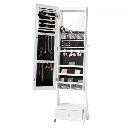 Mirror Jewelry Cabinet, Standing Mirror with Storage, Lockable Jewelry Mirror Organizer with Full Length Mirror, Velvet Lining, Interior LED Light, Drawer, Freestanding Jewelry Armoire, White