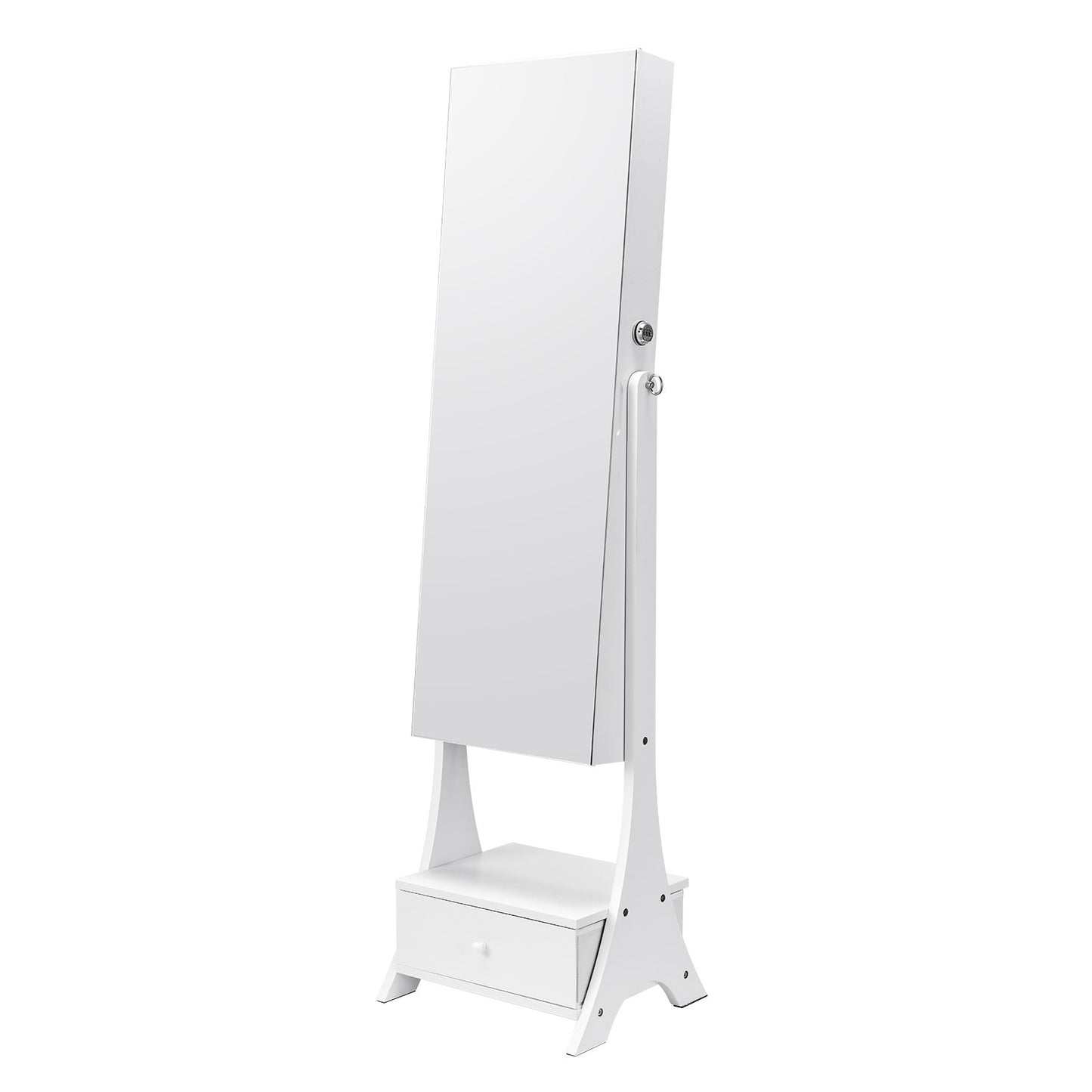 Mirror Jewelry Cabinet, Standing Mirror with Storage, Lockable Jewelry Mirror Organizer with Full Length Mirror, Velvet Lining, Interior LED Light, Drawer, Freestanding Jewelry Armoire, White