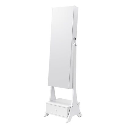 Mirror Jewelry Cabinet, Standing Mirror with Storage, Lockable Jewelry Mirror Organizer with Full Length Mirror, Velvet Lining, Interior LED Light, Drawer, Freestanding Jewelry Armoire, White