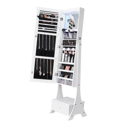 Mirror Jewelry Cabinet, Standing Mirror with Storage, Lockable Jewelry Mirror Organizer with Full Length Mirror, Velvet Lining, Interior LED Light, Drawer, Freestanding Jewelry Armoire, White