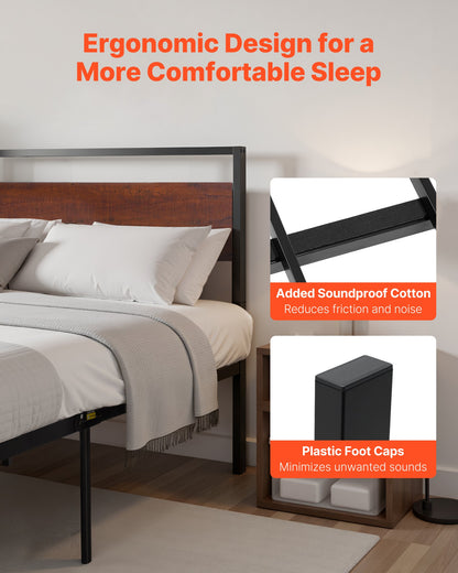 Full Size Bed Frame, 35 cm Black Metal Platform Bed Frame with Retro Brown Wooden Headboard and Footboard, Large Under-Bed Storage, Non-Slip Without Noise, No Box Spring Needed, Easy Assembly