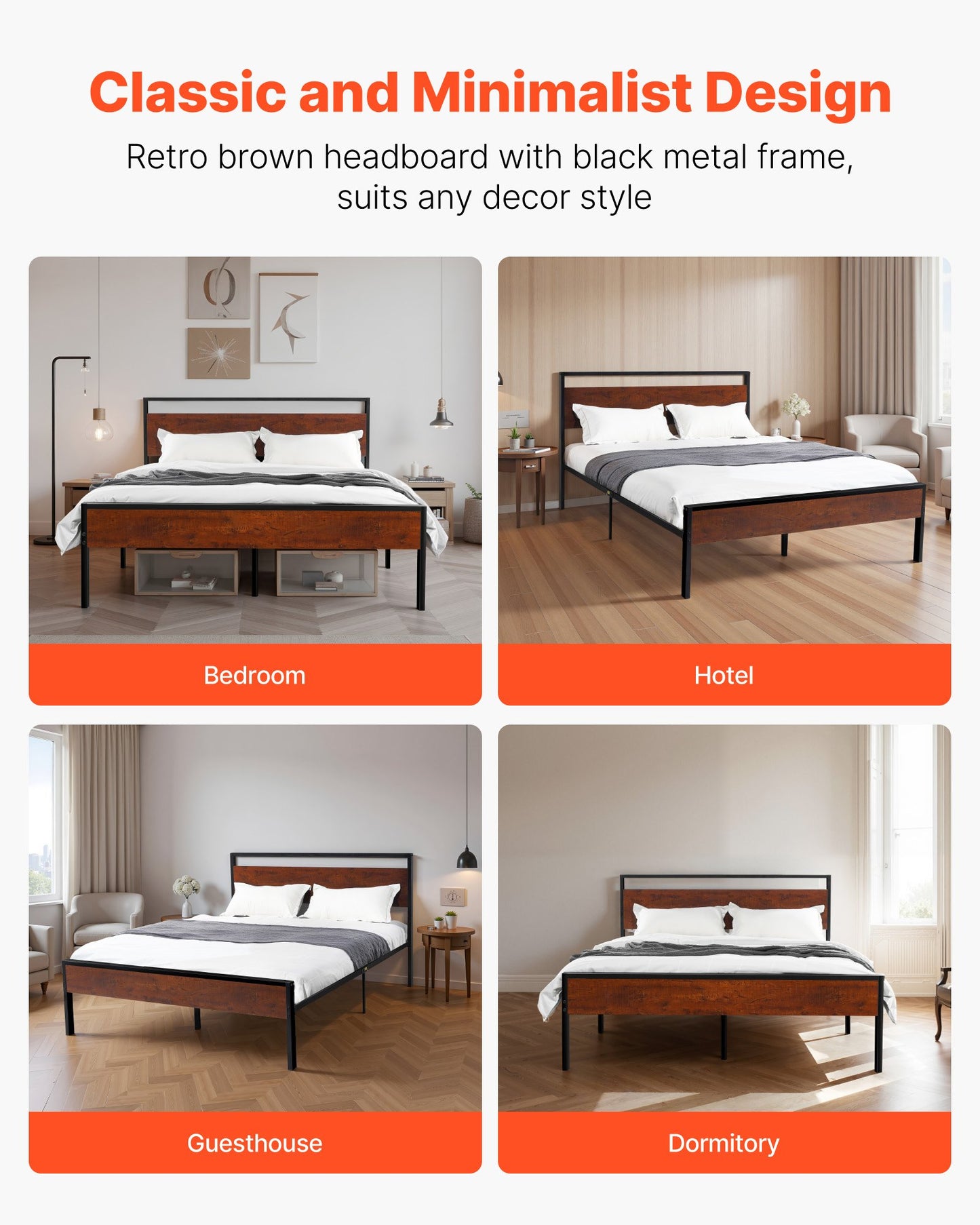 Full Size Bed Frame, 35 cm Black Metal Platform Bed Frame with Retro Brown Wooden Headboard and Footboard, Large Under-Bed Storage, Non-Slip Without Noise, No Box Spring Needed, Easy Assembly