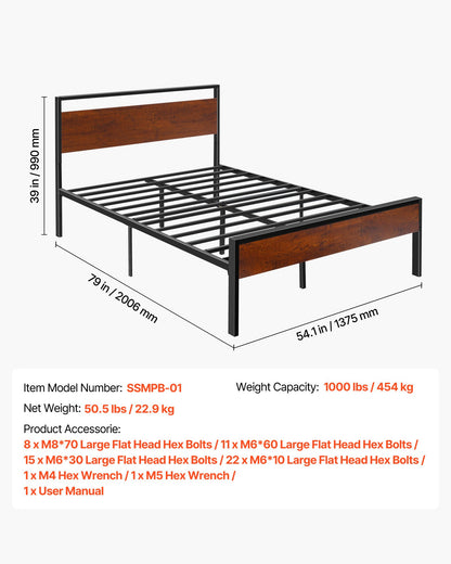 Full Size Bed Frame, 35 cm Black Metal Platform Bed Frame with Retro Brown Wooden Headboard and Footboard, Large Under-Bed Storage, Non-Slip Without Noise, No Box Spring Needed, Easy Assembly