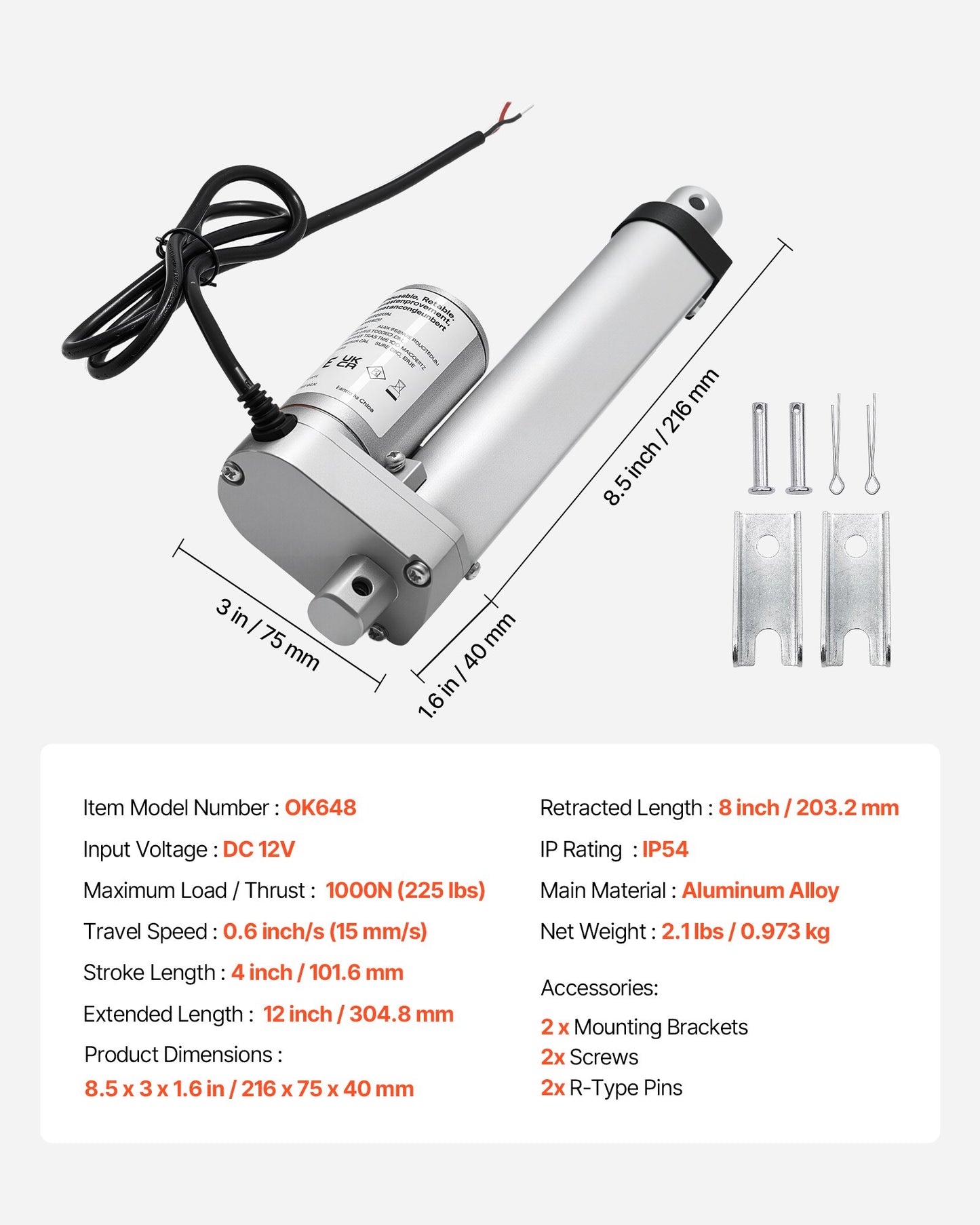 12V Linear Actuator, 101.6mm Stroke 15mm/s High-Speed 1000N Linear Motion Actuator - with IP54 Protection & Mounting Bracket for Lift Desk, Recliner Chairs, Window Door Opener