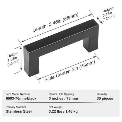 30 Pack Cabinet Pulls, 3in / 76mm Center to Center Slim Square Kitchen Cabinet Drawer, Stainless Steel Modern Kitchen Cupboard Door Handles for Kitchen Bathroom Bar Hardware Matte Black