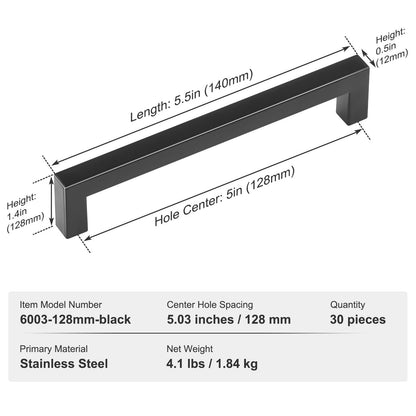 30 Pack Cabinet Pulls, 5.03in / 128mm Center to Center Slim Square Kitchen Cabinet Drawer, Stainless Steel Modern Kitchen Cupboard Door Handles for Kitchen Bathroom Bar Hardware Matte Black