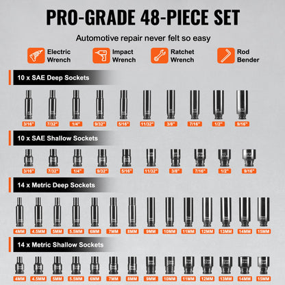 1/4" Drive Impact Socket Set, 48 Piece Deep & Shallow Socket Set SAE 3/16"-9/16" and Metric 4-15mm, 6 Point Cr-Mo Alloy Steel for Auto Repair, Easy-to-Read Size Markings, Storage Case