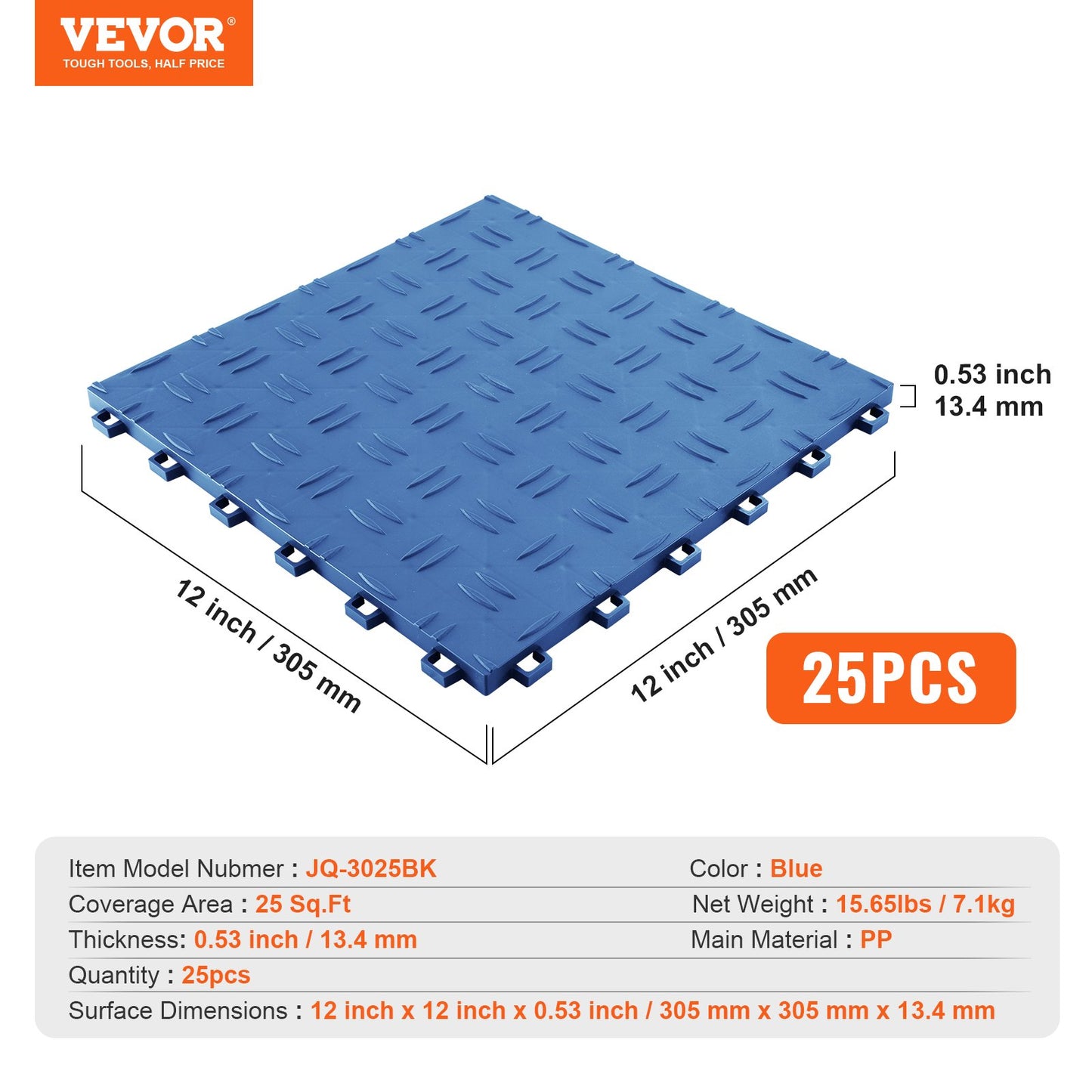 Garage Tiles Interlocking, 12 x 12 x 0.53 inch 25 Pack Garage Floor Covering Tiles, Non-Slip Double-Sided Texture Garage Flooring Tiles, for Garages, Basements, Repair Shops, Blue