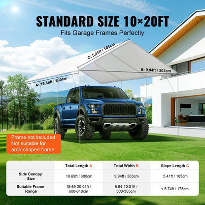 10 x 20 ft Carport Replacement Canopy Cover, Garage Top Tent Shelter Tarp Heavy-Duty Waterproof & UV Protected, Easy Installation with 40 Ball Bungeess (Only Top Cover, Frame Not Include), White