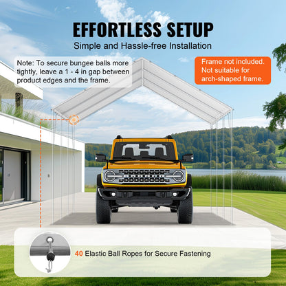 10 x 20 ft Carport Replacement Canopy Cover, Garage Top Tent Shelter Tarp Heavy-Duty Waterproof & UV Protected, Easy Installation with 40 Ball Bungeess (Only Top Cover, Frame Not Include), White