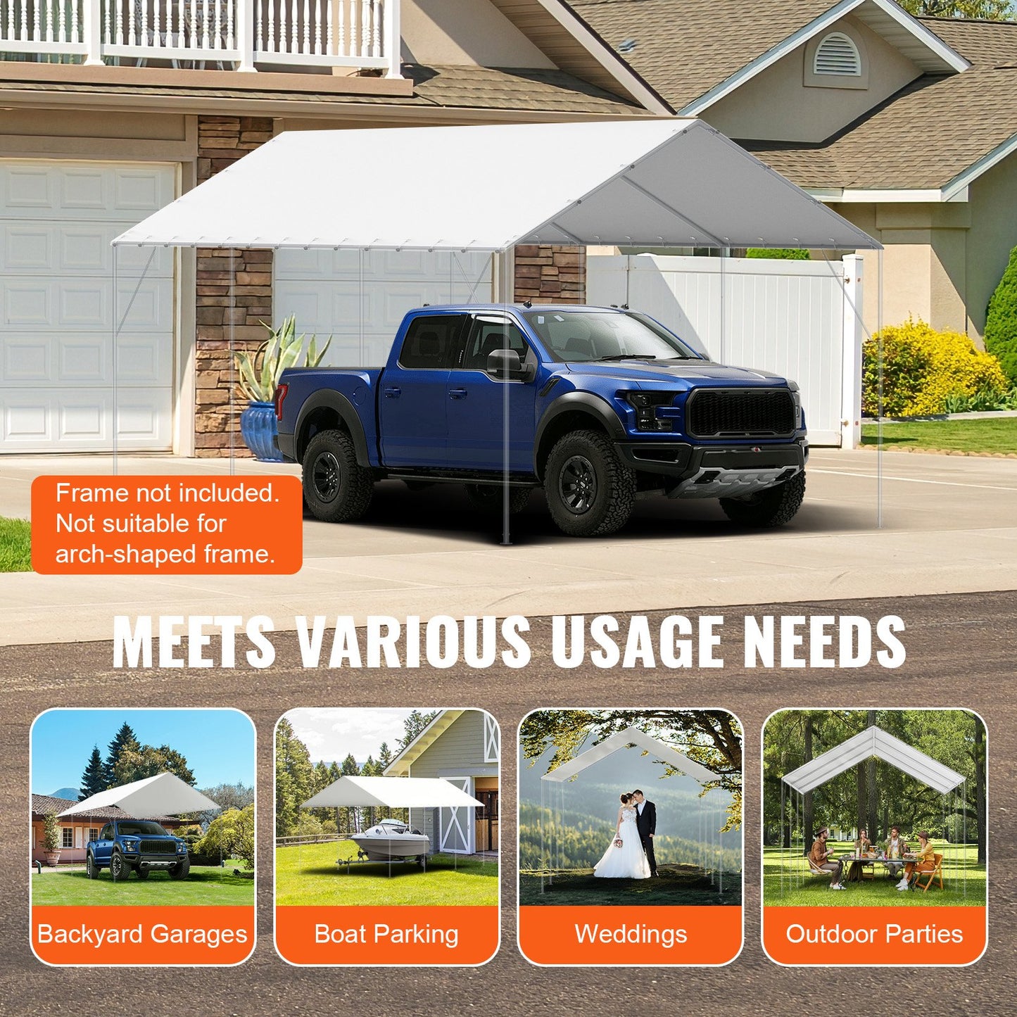 10 x 20 ft Carport Replacement Canopy Cover, Garage Top Tent Shelter Tarp Heavy-Duty Waterproof & UV Protected, Easy Installation with 40 Ball Bungeess (Only Top Cover, Frame Not Include), White