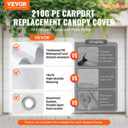 Carport Replacement Canopy Cover 6100 x 3040 mm, Garage Top Tent Shelter Tarp Heavy-Duty Waterproof & UV Protected, Easy Installation with Ball Bungees,White (Only Top Cover, Frame Not Include)