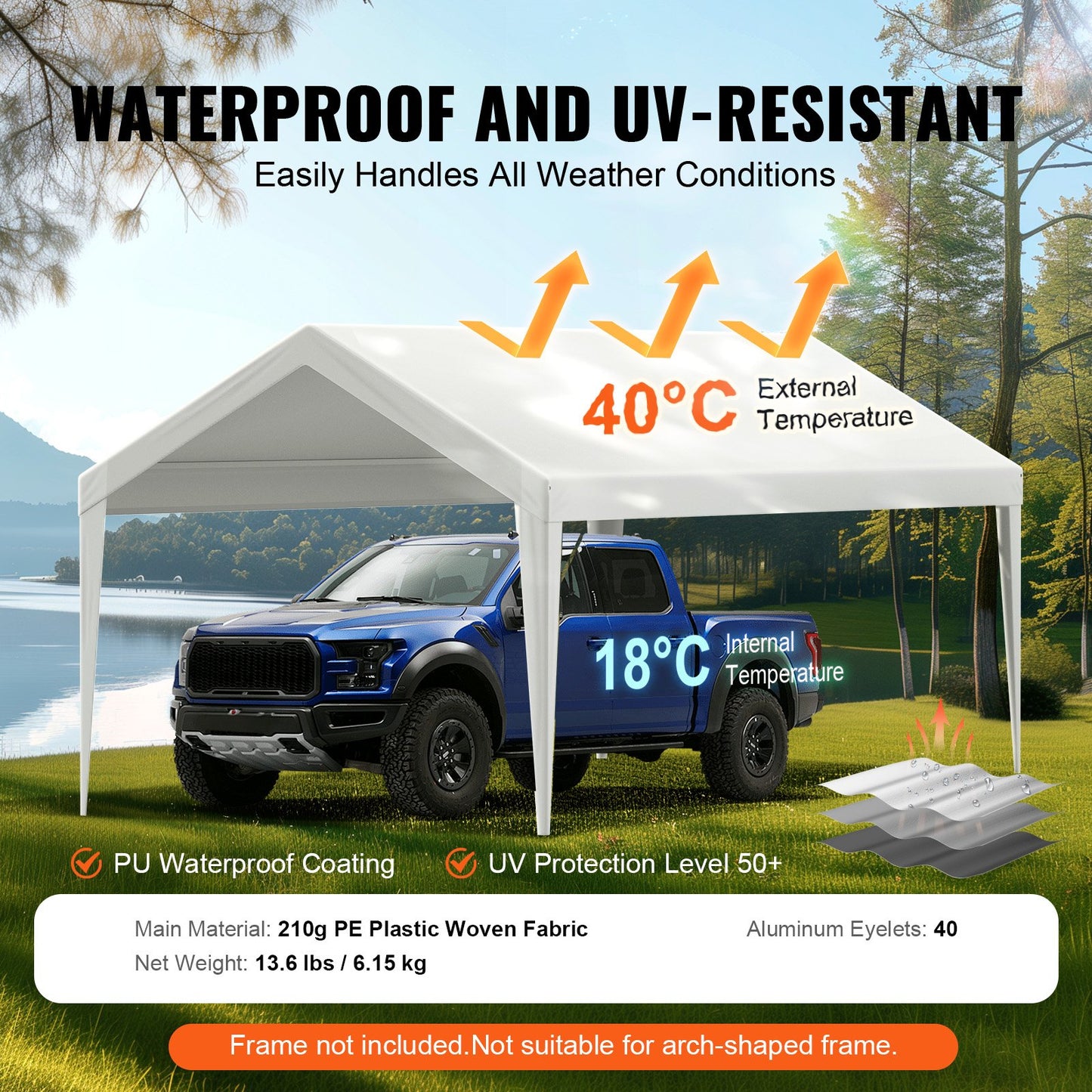Carport Replacement Canopy Cover 6100 x 3040 mm, Garage Top Tent Shelter Tarp Heavy-Duty Waterproof & UV Protected, Easy Installation with Ball Bungees,White (Only Top Cover, Frame Not Include)