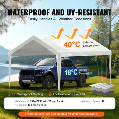 Carport Replacement Canopy Cover 6100 x 3040 mm, Garage Top Tent Shelter Tarp Heavy-Duty Waterproof & UV Protected, Easy Installation with Ball Bungees,White (Only Top Cover, Frame Not Include)