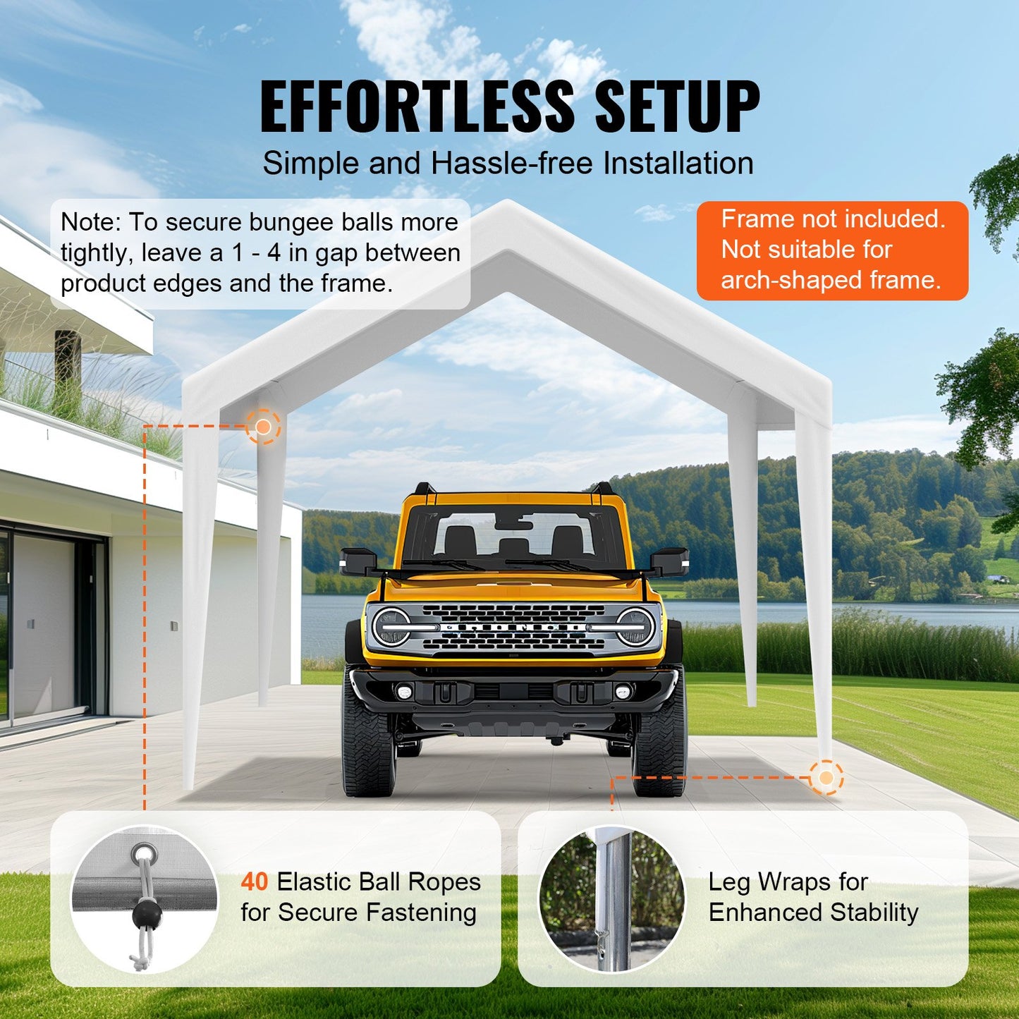 Carport Replacement Canopy Cover 6100 x 3040 mm, Garage Top Tent Shelter Tarp Heavy-Duty Waterproof & UV Protected, Easy Installation with Ball Bungees,White (Only Top Cover, Frame Not Include)