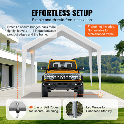 Carport Replacement Canopy Cover 6100 x 3040 mm, Garage Top Tent Shelter Tarp Heavy-Duty Waterproof & UV Protected, Easy Installation with Ball Bungees,White (Only Top Cover, Frame Not Include)